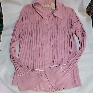 Apostrophe Mauve Pleated Polyester Button Down Shirt With Ribboned Bell Cuffs